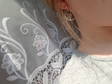 Gold Circular Drop Earrings with inset Crane artwork (stud)