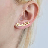 Custom-made Personalized Cursive Nameplate Ear Studs in 18k Gold, Platinum or Cobalt