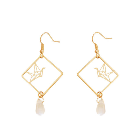 Gold Diamond Drop Earrings with inset Crane artwork (hook)