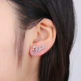 Personalized 'Crowned-Cursive' Nameplate Ear Studs in Gold, Silver or Rose Gold